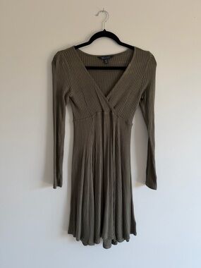 American Eagle Soft & Sexy Ribbed Skater Dress | Olive Green | Long Sleeve | XS